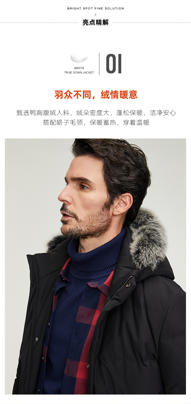 百斯盾 男士加厚中长款 貉子毛领羽绒服 90%白鸭绒 图4