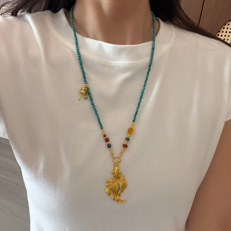 Original Design Natural Turquoise 3mm High-Quality New Chinese Style Long Sweater Chain Gold Pendant Rope Girlfriend Gift Original Design Natural Turquoise 3mm High-Quality New Chinese Style Long Sweater Chain Gold Pendant Rope Girlfriend Gift