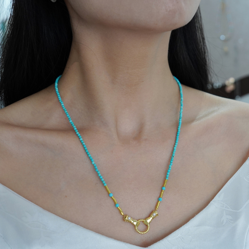 Original Design New Chinese Style Long Clavicle Chain with 2mm Turquoise, Hand-Held Sweater Chain, National Style Accessories for Women, New Model