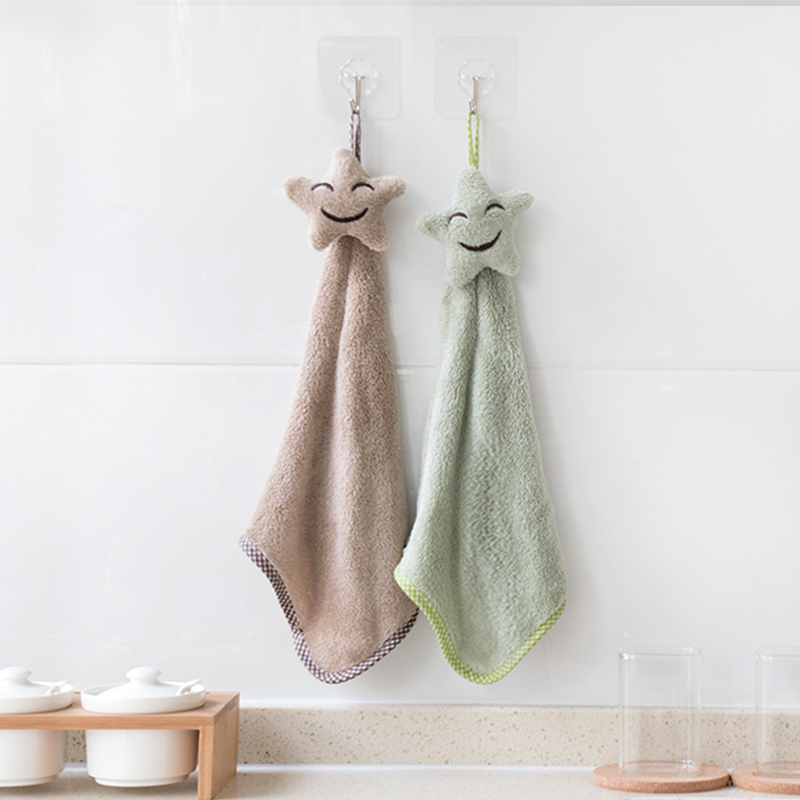 Hanging cute smiley coral velvet hand towel kitchen towel kitchen thickened strong absorbent lint-free dishcloth dishcloth