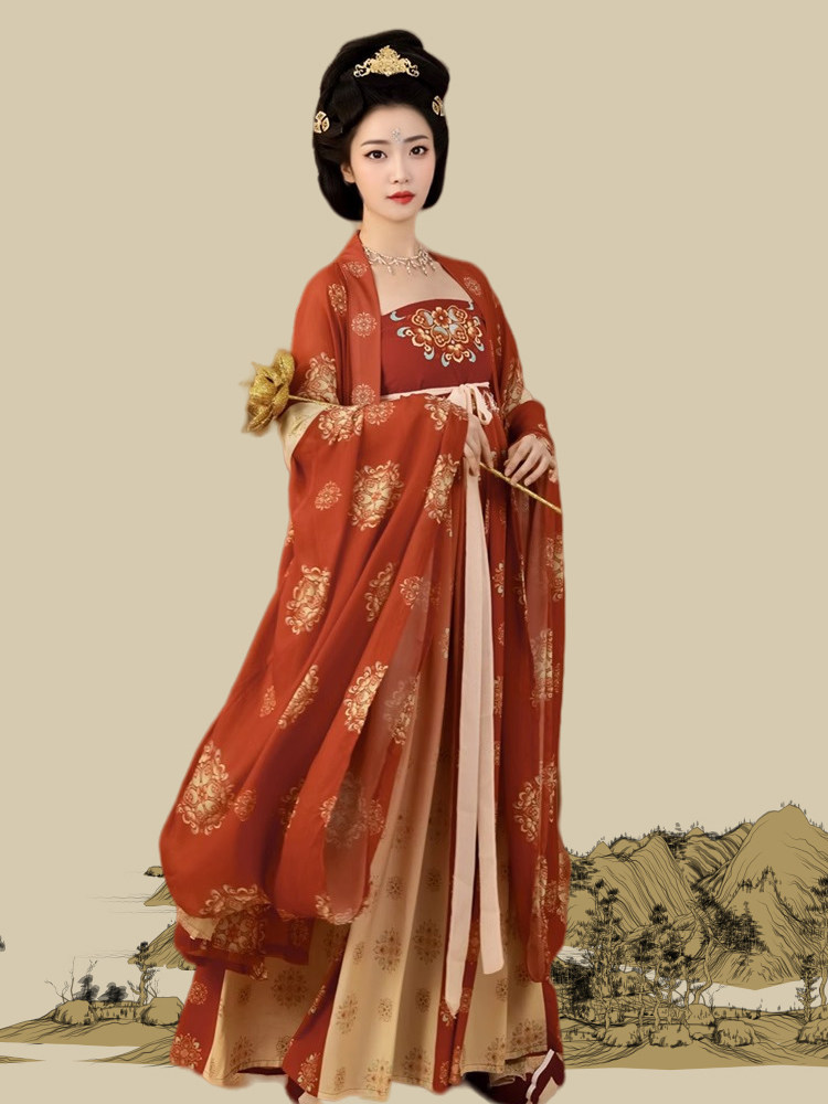 唐制汉服女款中国风坦领诃子裙复原款唐朝公主贵妃汉服大袖衫古装 