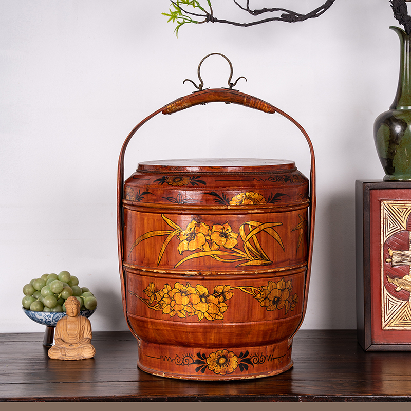 Qing Dynasty Lacquer Painting Wooden Basket, Republic of China Period Gold-Painted Old Food Box, Old Basket, Antique, Vintage Old Object Collection Display Piece