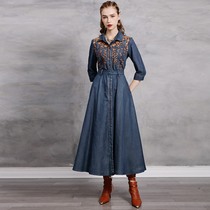 Denim dress autumn long design sense niche light cooked belt waist light luxury bellflower French coffee break skirt women