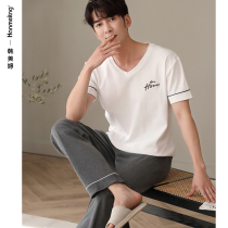 Pajamas mens spring and summer cotton short sleeves long pants thin housewear cotton can be worn outside the summer plus size set