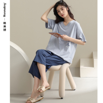 Pajamas women summer cotton short sleeves cropped pants two-piece set solid color V-neck loungewear summer thin plus size set