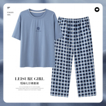 Pajamas ladies summer cotton casual plaid can be worn outside the homewear spring and summer short-sleeved cropped pants two-piece set