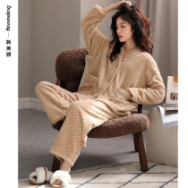 Pajamas ladies autumn and winter thick plus plush jacquard flannel home clothes winter warm coral fleece plus size set