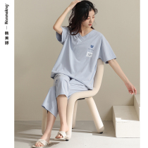 Pajamas Women Summer Cotton 2022 New Korean Version V-Neck Short Sleeves Cropped Pants Plus Size Homewear Summer Set