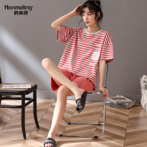 2022 New Summer Pajamas Womens Short Sleeves Cotton Stripe Plus Size Summer Homewear Ladies Cotton Set