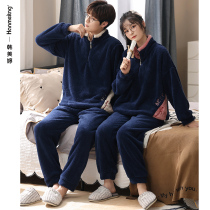 Coral fleece couple pajamas winter warm high neck neck protector mens and womens home clothes autumn and winter thickened flannel set
