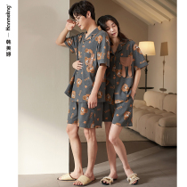 Couples pajamas summer cartoon cotton short sleeves shorts homewear womens summer lapels Plus Size Mens Thin Set