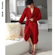 Nightgown mens spring and autumn long sleeves cotton medium long red wedding bathrobe male autumn winter life year plus size pajamas