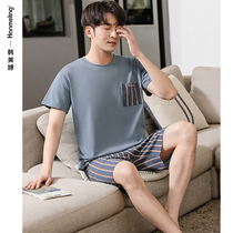 Pajamas mens summer cotton simple short sleeves shorts home wear cotton fattening plus size summer thin set