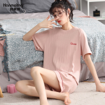Short-sleeved shorts pajamas womens summer cotton thin two-piece casual pullover womens loungewear can be worn out set