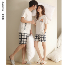 Couples pajamas summer cartoon cotton short sleeves shorts home wear womens casual plaid mens summer thin set
