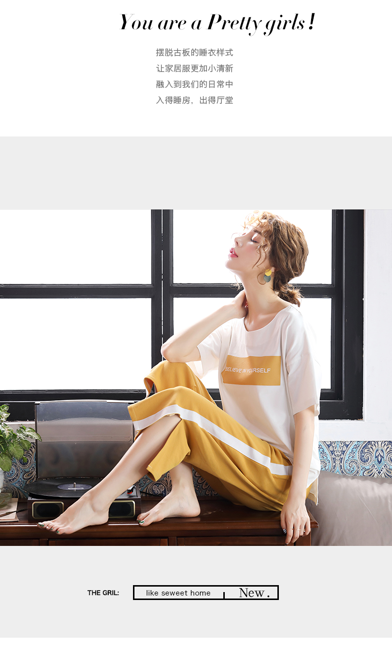 Đồ ngủ của Phụ Nữ Mùa Hè Ngắn Tay Áo Hai Mảnh Cotton Hàn Quốc Sinh Viên Tươi Có Thể Mang Dịch Vụ Nhà Lỏng Kích Thước Lớn Đặt đồ bộ mùa hè
