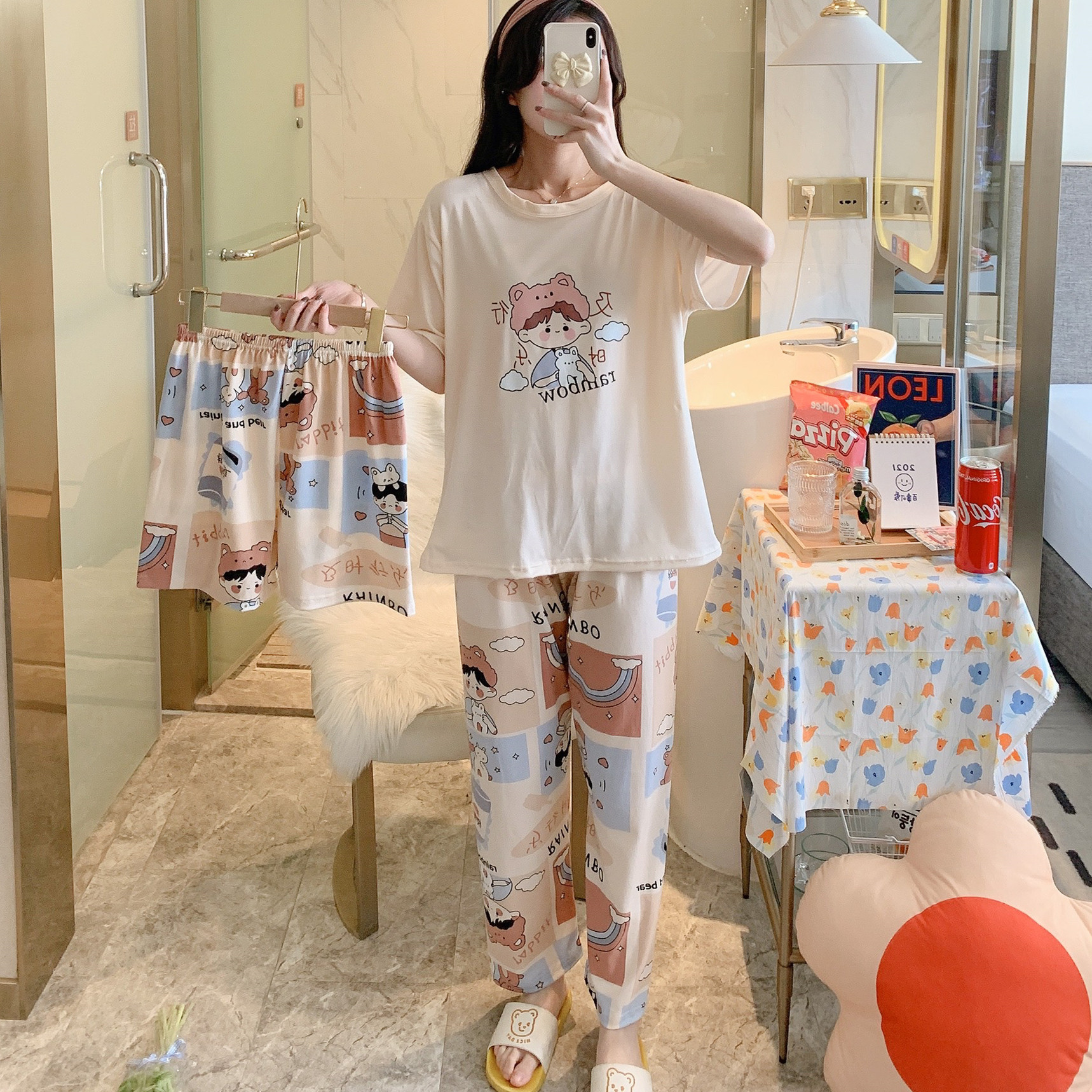 Apricot & Three Piece Set - Little GirlBig size pajamas female summer lovely Thin pure cotton Short sleeve shorts trousers Three piece suit summer student leisure wear