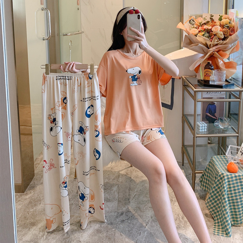 #BX Pant Cover - Snoopy & Pants + Shorts + TopBig size pajamas female summer lovely Thin pure cotton Short sleeve shorts trousers Three piece suit summer student leisure wear