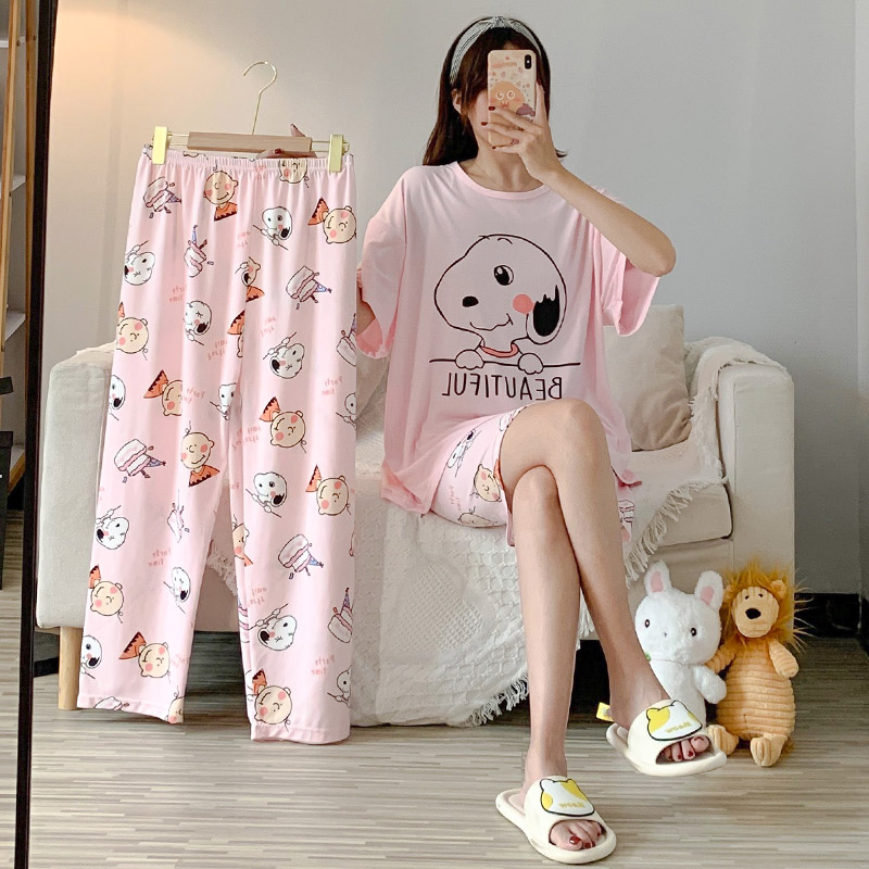 Pink & Three Piece Set - Pink SnoopyBig size pajamas female summer lovely Thin pure cotton Short sleeve shorts trousers Three piece suit summer student leisure wear