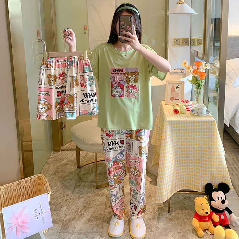 #BX Three Piece Set-334 & Trousers + Shorts + TopBig size pajamas female summer lovely Thin pure cotton Short sleeve shorts trousers Three piece suit summer student leisure wear