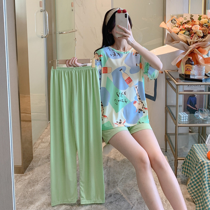 #BX Short Pants Cover - Giraffe & Trousers + Shorts + TopBig size pajamas female summer lovely Thin pure cotton Short sleeve shorts trousers Three piece suit summer student leisure wear