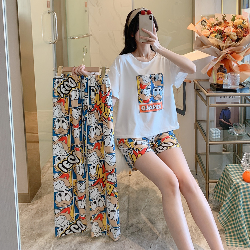 #BX Pant Cover - 4-Grid Duck & Pants + Shorts + TopBig size pajamas female summer lovely Thin pure cotton Short sleeve shorts trousers Three piece suit summer student leisure wear