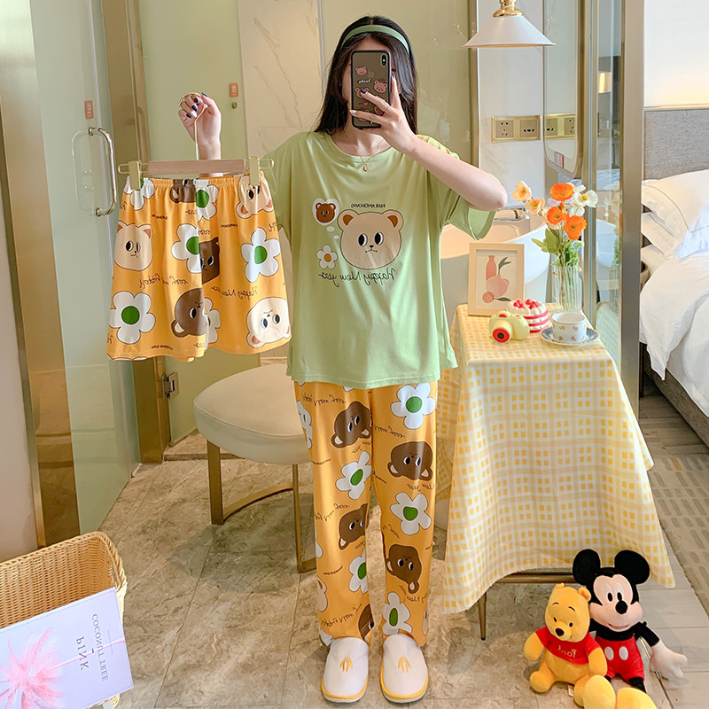 #BX Three Piece Set-335 & Pants + Shorts + TopBig size pajamas female summer lovely Thin pure cotton Short sleeve shorts trousers Three piece suit summer student leisure wear