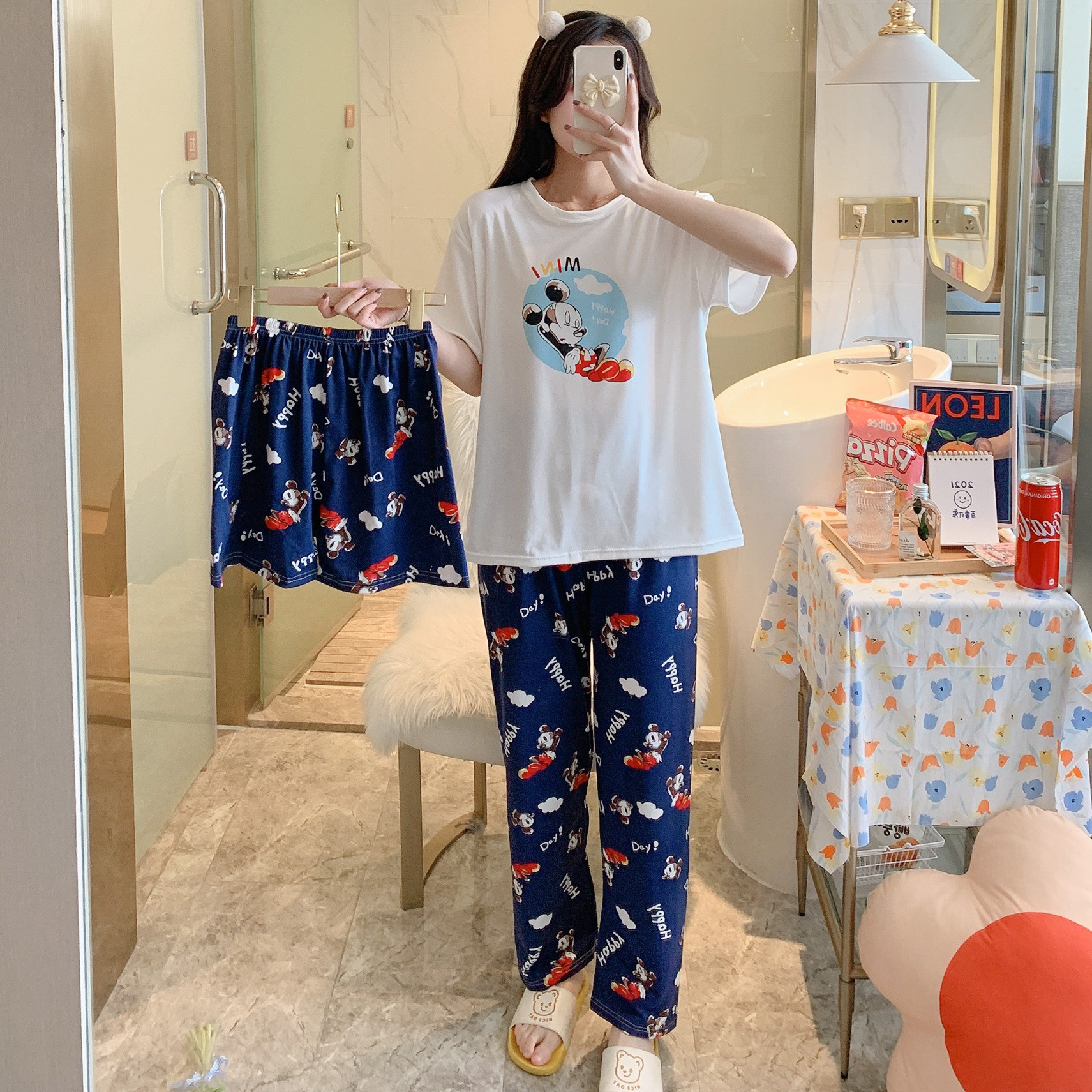 Blue & Three Piece Set - Circle MickeyBig size pajamas female summer lovely Thin pure cotton Short sleeve shorts trousers Three piece suit summer student leisure wear