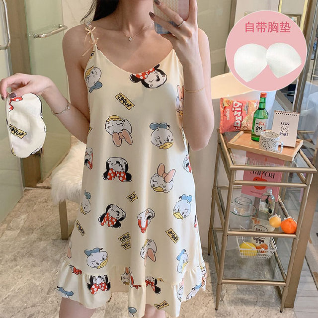 Stuck dress female summer short -sleeved pure cotton pajamas Korean version of cute loose sexy breast pad fresh student home service