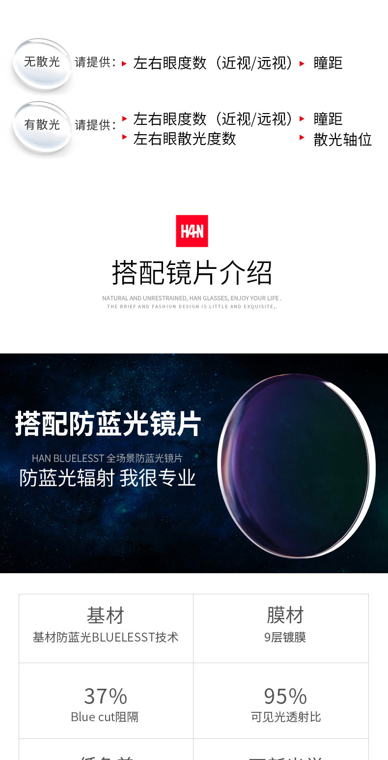 汉 HAN 防蓝光半框眼镜架 +1.56防蓝光镜片 重9g 图8