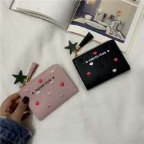 ins small wallet womens short 2021 new Korean version of the wild small wallet embroidery love zipper coin purse card bag