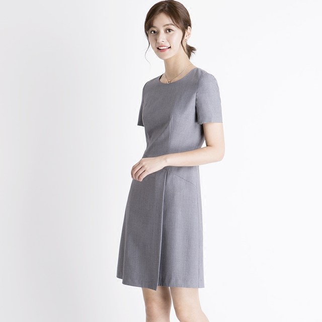 OFFIY Spring and Autumn Folded Breast Professional Commuter Formal Short-sleeved Black Gray Slim A-Line Knee-Length Round Neck OL Dress Large Size