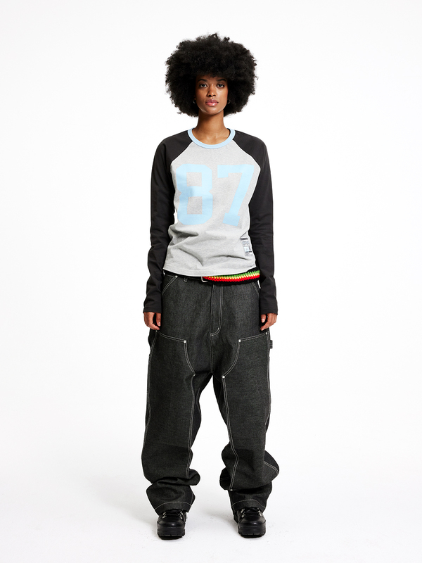 Mharf Gray 87 Raglan Sleeve Jersey Style Long-Sleeve American Jersey Spring and Summer T-Shirt Unisex Pure Cotton Knit