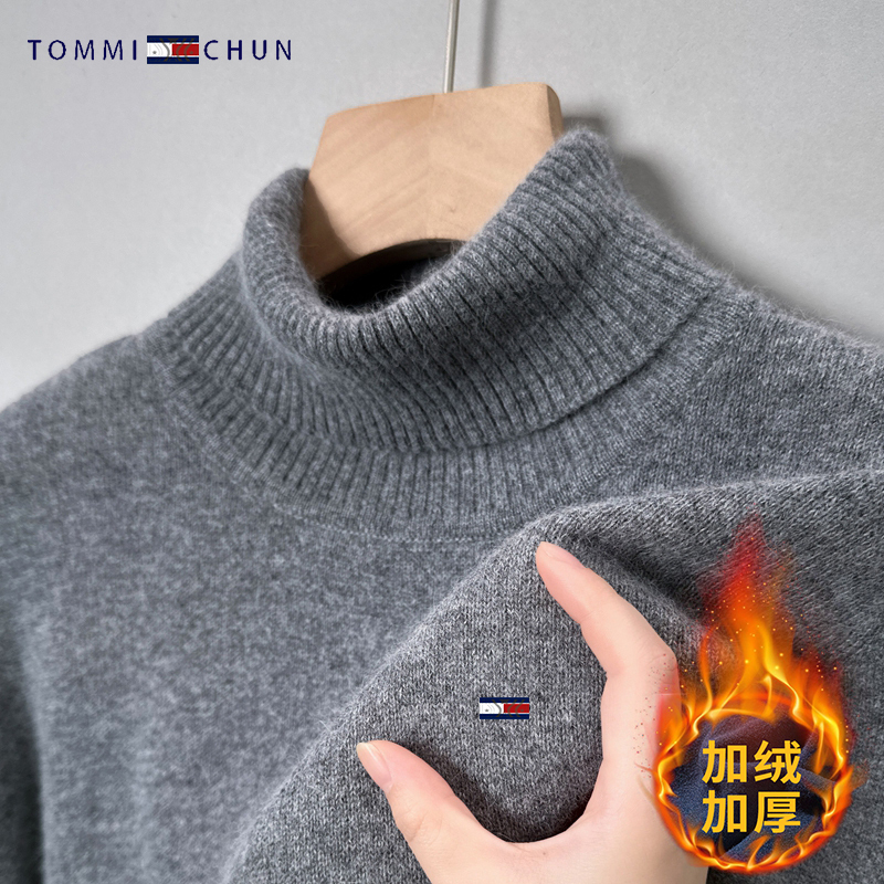 25 Winter Tommy Men's Wool Sweater Winter High Collar Fleece-Lined Thickened Sweater Warm Knitted Integrated Fleece Base Layer
