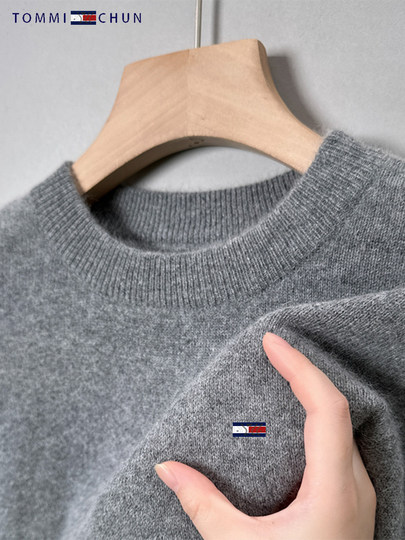 2025冬季汤米羊毛衫男士毛衣圆领加厚纯色时尚休闲打底套头针织衫