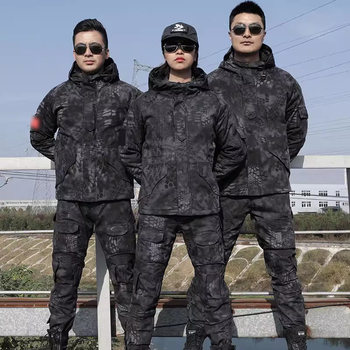 Winter fleece jacket for men and women military fans python pattern camouflage tactical suit plus velvet thickened outdoor mountaineering clothing trendy