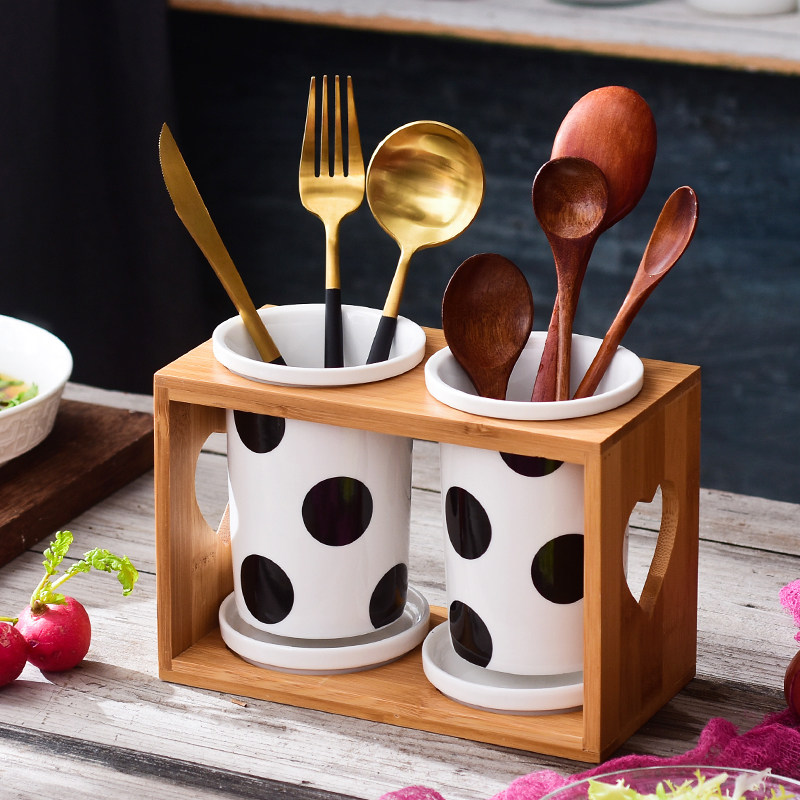 Creative Nordic Ceramic Chopstick Cylinder Double Cylinder Drain Water Home Chopsticks Bucket Chopsticks Box Han Style Shelf
