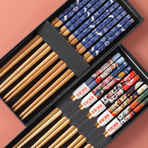 Japan-style chopstick pointed household bamboo and wood chopsticks anti-slip and mildew-proof environmentally-friendly creative bamboo chopstick 5 double minimalist chopstick suit
