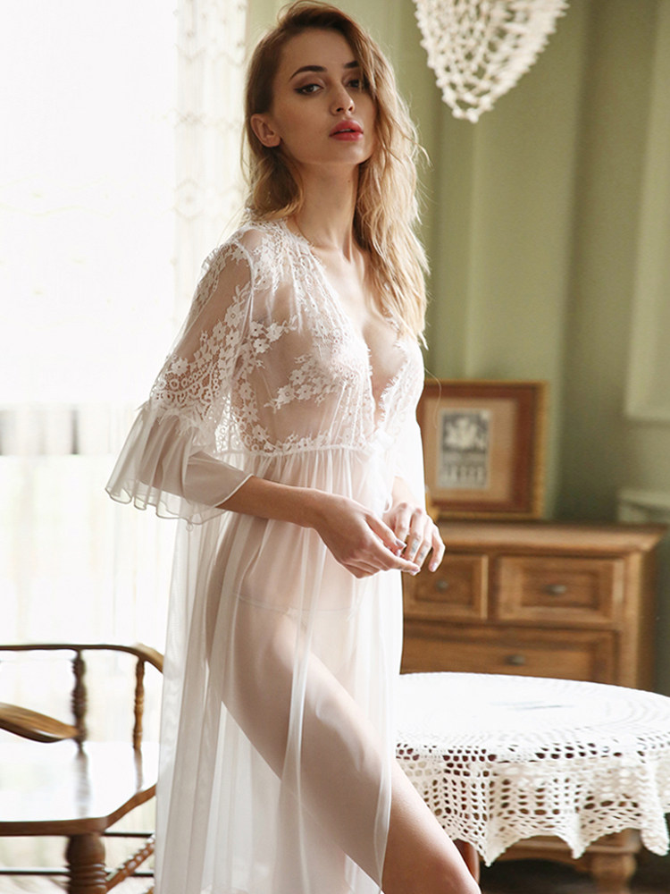 Fan-style ultra-thin sexy cardiovert lace lace long version sleeping robe woman extremely seductive mesh yarn clairvoyt clear pyjamas jacket