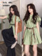 日杂文艺风绿色连衣裙子女夏季新款叠穿条纹衬衫裙设计感精致短裙