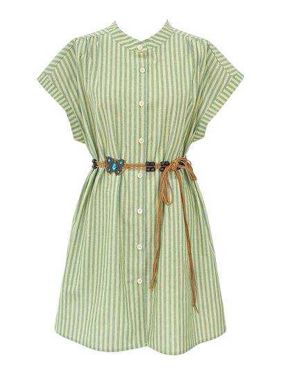 日杂文艺风绿色连衣裙子女夏季新款叠穿条纹衬衫裙设计感精致短裙