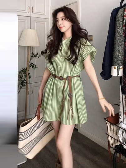 日杂文艺风绿色连衣裙子女夏季新款叠穿条纹衬衫裙设计感精致短裙