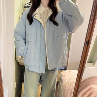 High-End Blue Lapel Cotton Jacket for Women, Autumn and Winter 2026 New Style, American Retro Thickened Quilted Cotton Coat