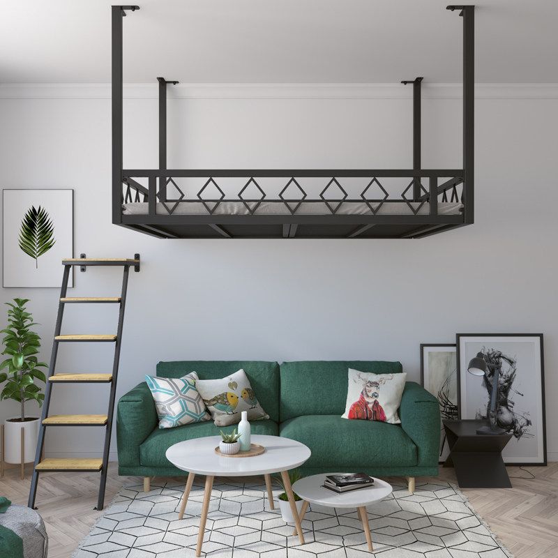 Modern small family type loft bed suspended wall-mounted bed iron art upper bunk bed double bed double bed Dormitory Apartment Creative Hammock-Taobao