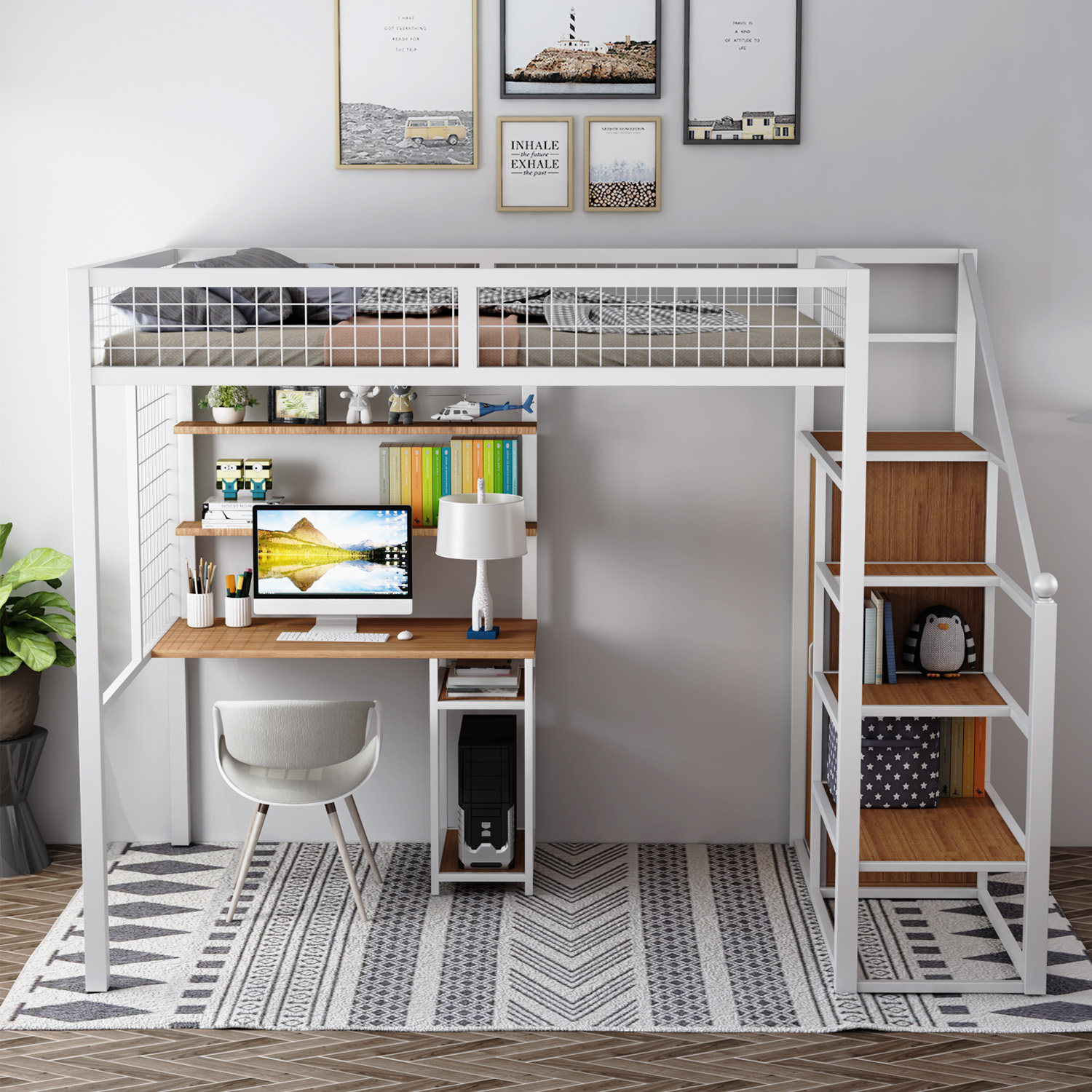 Iron Art High Shelf Bed small family type loft bed Lower table Home Adult Attic Bed Province Space Up And Down Bed-Taobao