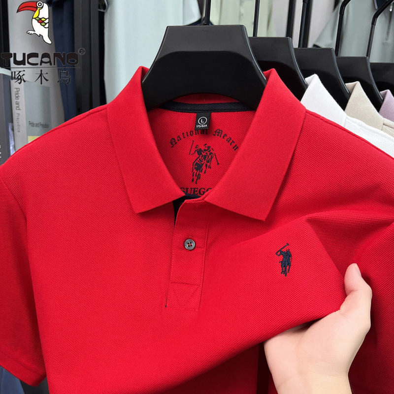 Woodpecker Summer Zodiac Year Red Short-Sleeve Polo Shirt for Men 100% Pure Mercerized Cotton Embroidered T-Shirt Thin Woodpecker Summer Zodiac Year Red Short-Sleeve Polo Shirt for Men 100% Pure Mercerized Cotton Embroidered T-Shirt Thin