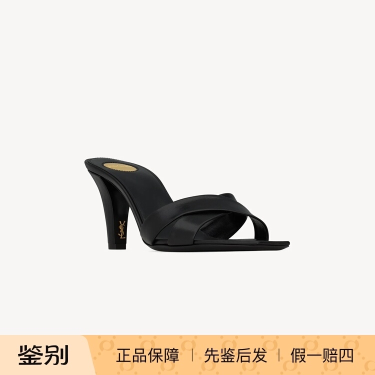 Saint Laurent Ysl Sheep Leather Mules Thick Heel High Heels Sandals Slippers Women's 825257
