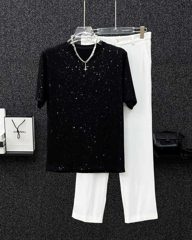 Starry Sequin Short-Sleeve T-Shirt for Men, Summer Loose Fit, Unique Design, Korean Style, Personality Round Neck Tee, Cool and Stylish Starry Sequin Short-Sleeve T-Shirt for Men, Summer Loose Fit, Unique Design, Korean Style, Personality Round Neck Tee, Cool and Stylish