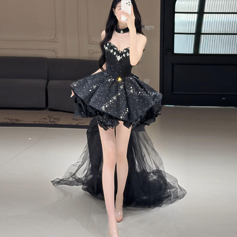 Black Strapless Heavy-Duty Evening Dress for Petite Women, Short Style, Birthday Coming-Of-Age Ceremony, Puffy Skirt, Socialite Banquet Princess Dress Black Strapless Heavy-Duty Evening Dress for Petite Women, Short Style, Birthday Coming-Of-Age Ceremony, Puffy Skirt, Socialite Banquet Princess Dress
