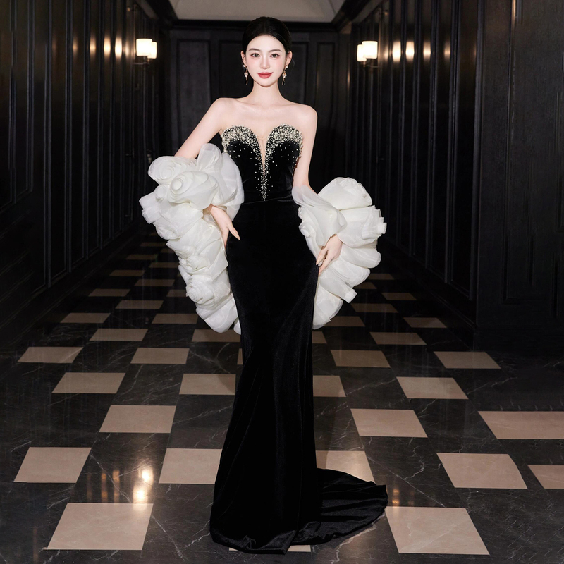 Strapless Fishtail Toast Dress 2026 New Style Elegant Bride High-End Light Luxury Banquet Host Black Evening Dress for Women